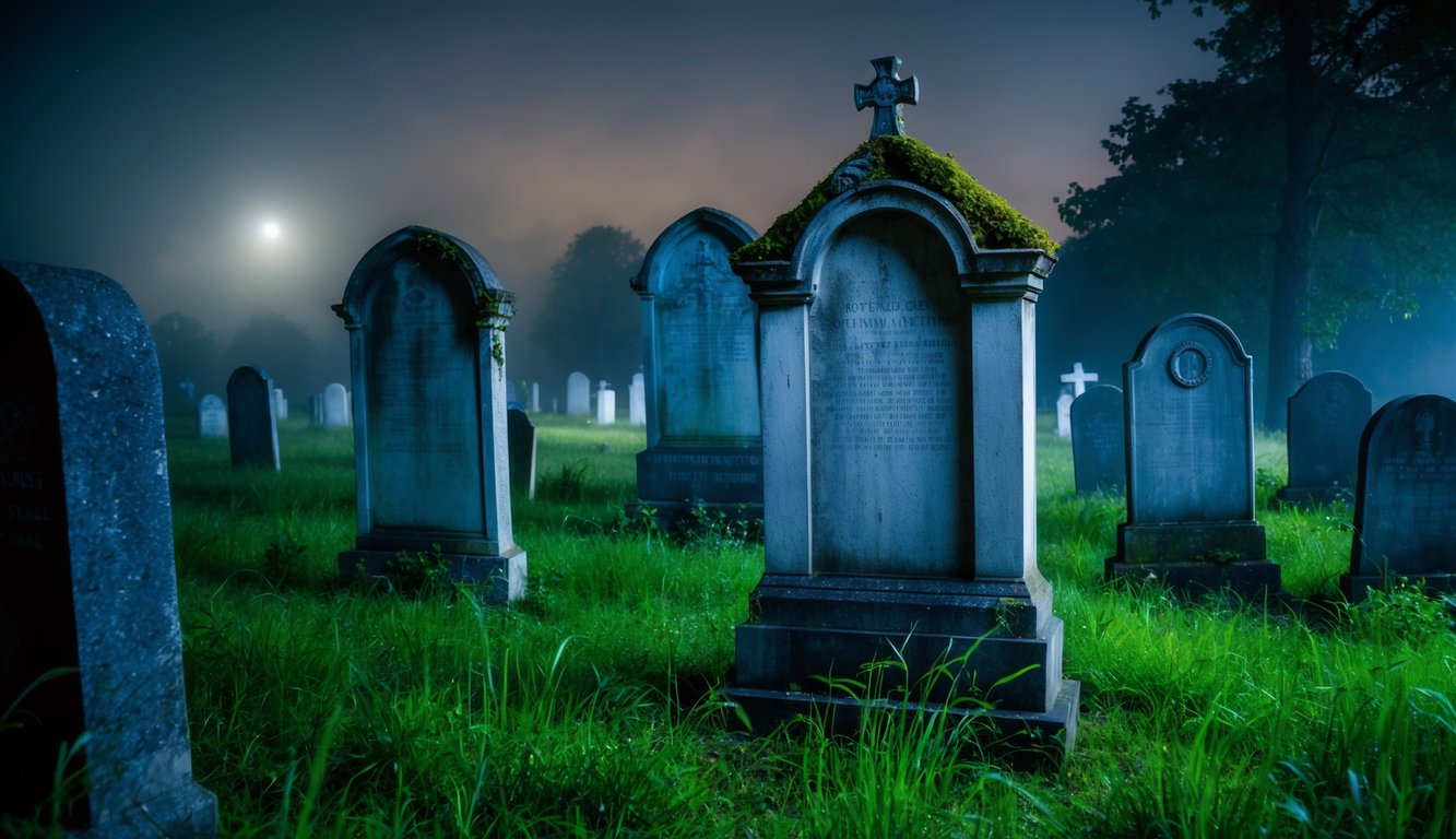 A dimly lit graveyard at night, with weathered tombstones covered in moss and cracks, surrounded by overgrown grass and eerie mist