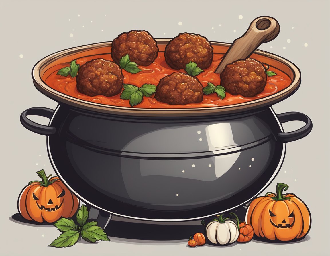 A cauldron filled with bubbling tomato sauce and meatballs, surrounded by spooky Halloween decorations and flickering candles