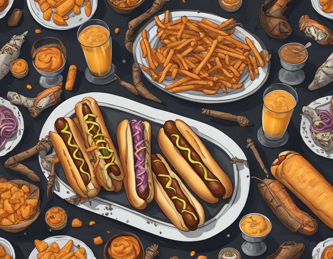 A spooky Halloween table set with mummified hot dogs, surrounded by other eerie and delicious treats