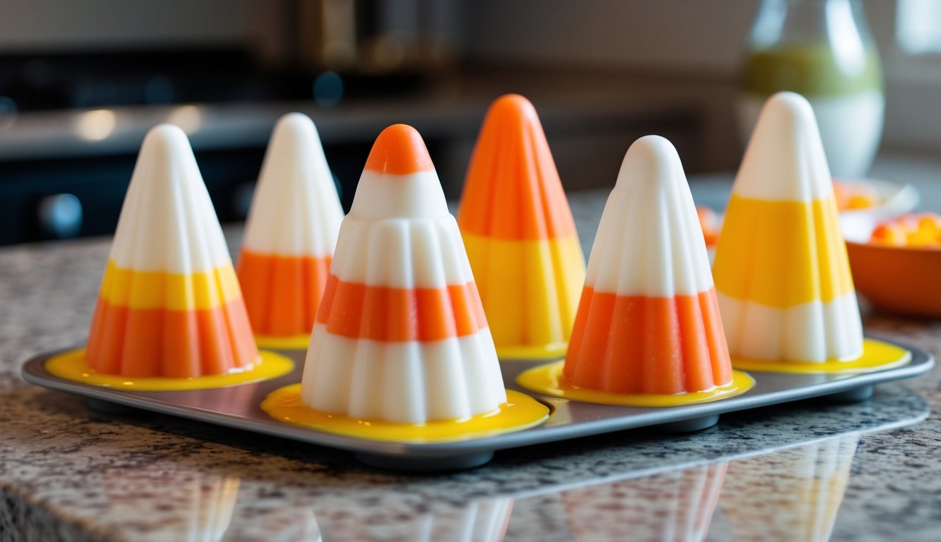 A colorful candy corn mold sits on a kitchen counter, filled with layers of white, orange, and yellow liquid candy, as it cools and sets