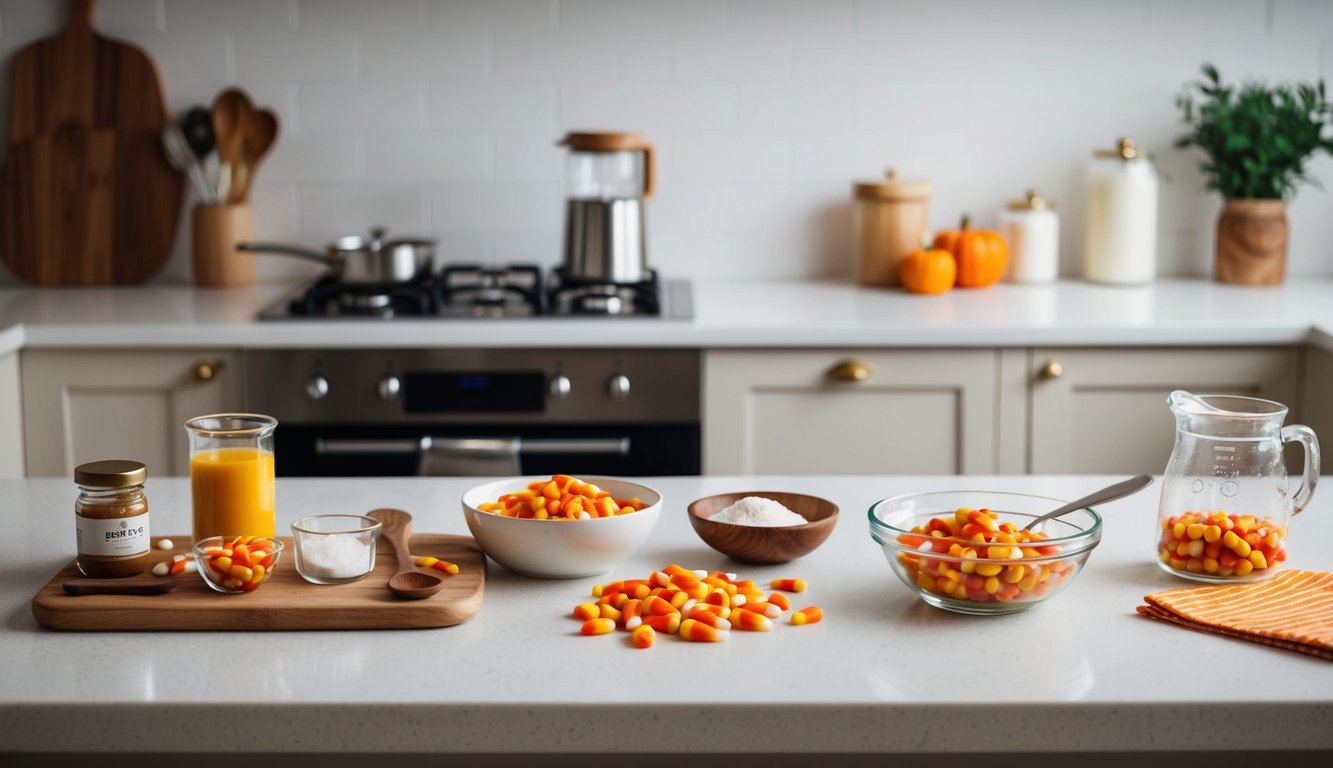 A kitchen counter with ingredients and utensils for making candy corn