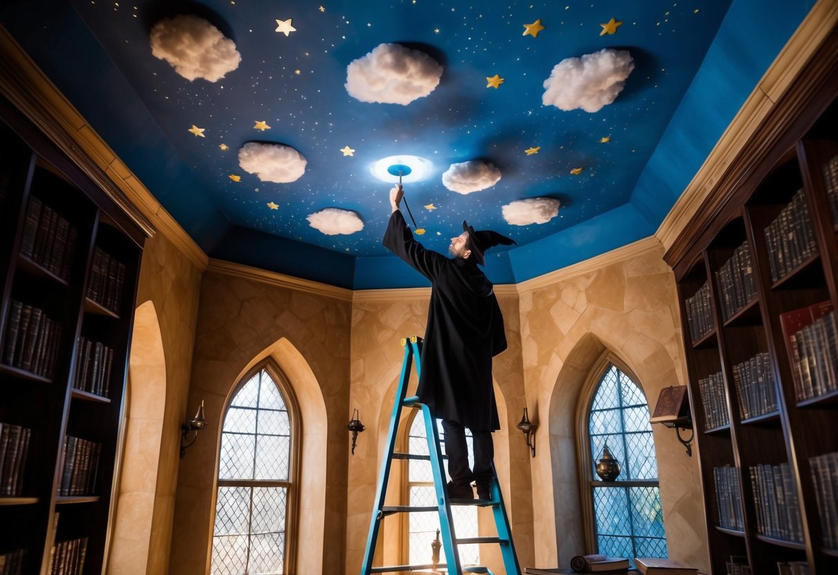A wizard stands on a ladder, painting the Hogwarts ceiling with magical stars and moving clouds. A book of spells sits open nearby